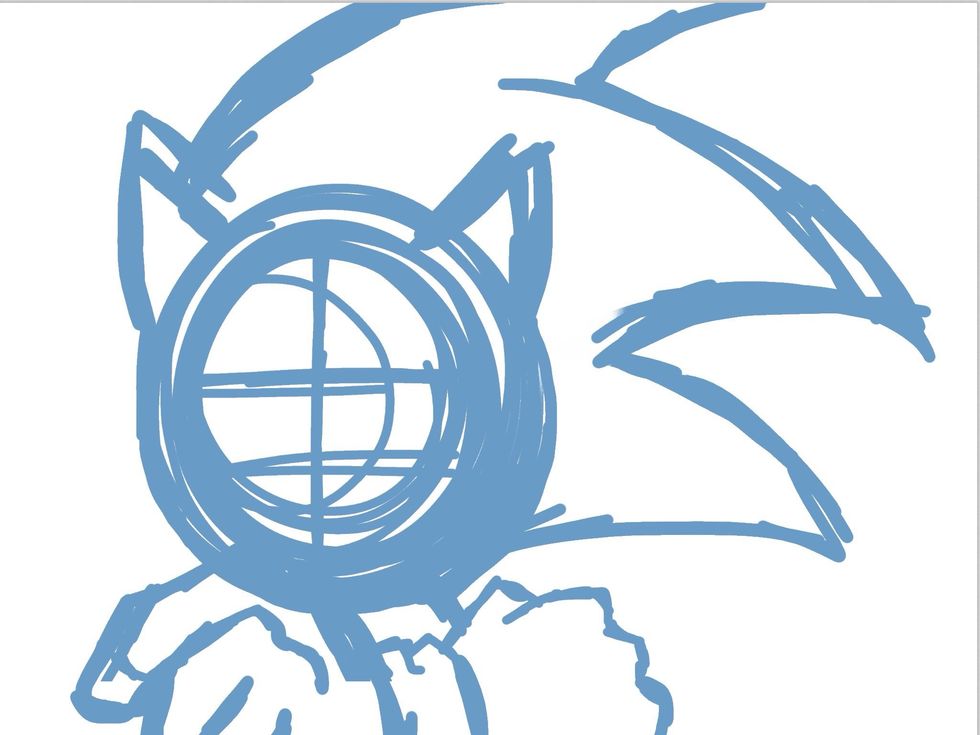 Start on layer one with a rough sketch in blue. Start considering the anatomy. Yes, cartoon characters have their own special anatomy. That's how it looks like Sonic.