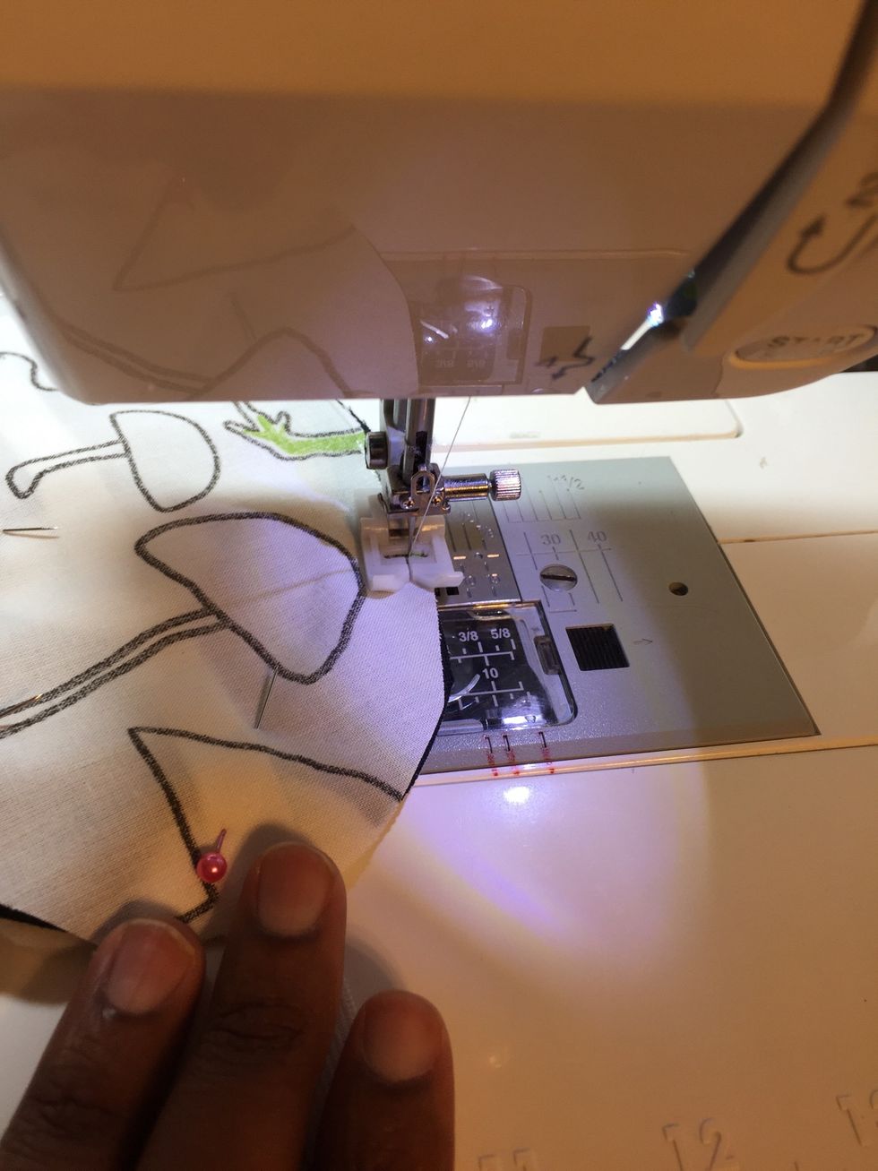 Start sewing at the one side of the double pins\ud83d\udccd\ud83d\udccd. Sew all around the edge, but leave about a 2 inch opening to turn your eye mask right side out.