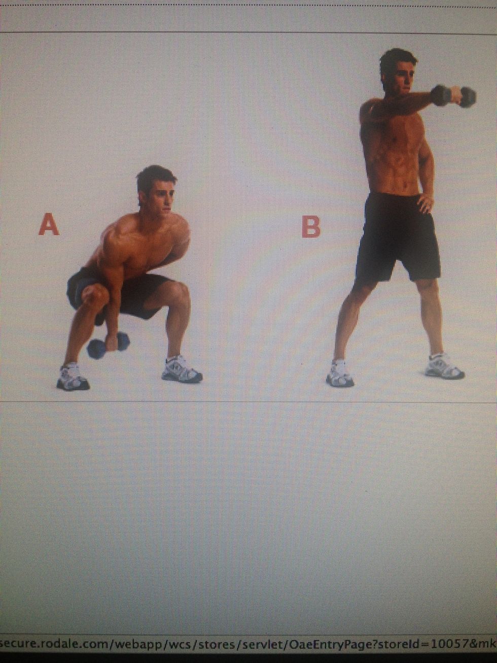 Start standing. Without bending lower back, bend at hips and knees and swing dumbbell between legs. Keep arm straight, thrust hips forward and swing dumbbell to shoulder level. After 30sec switch arms