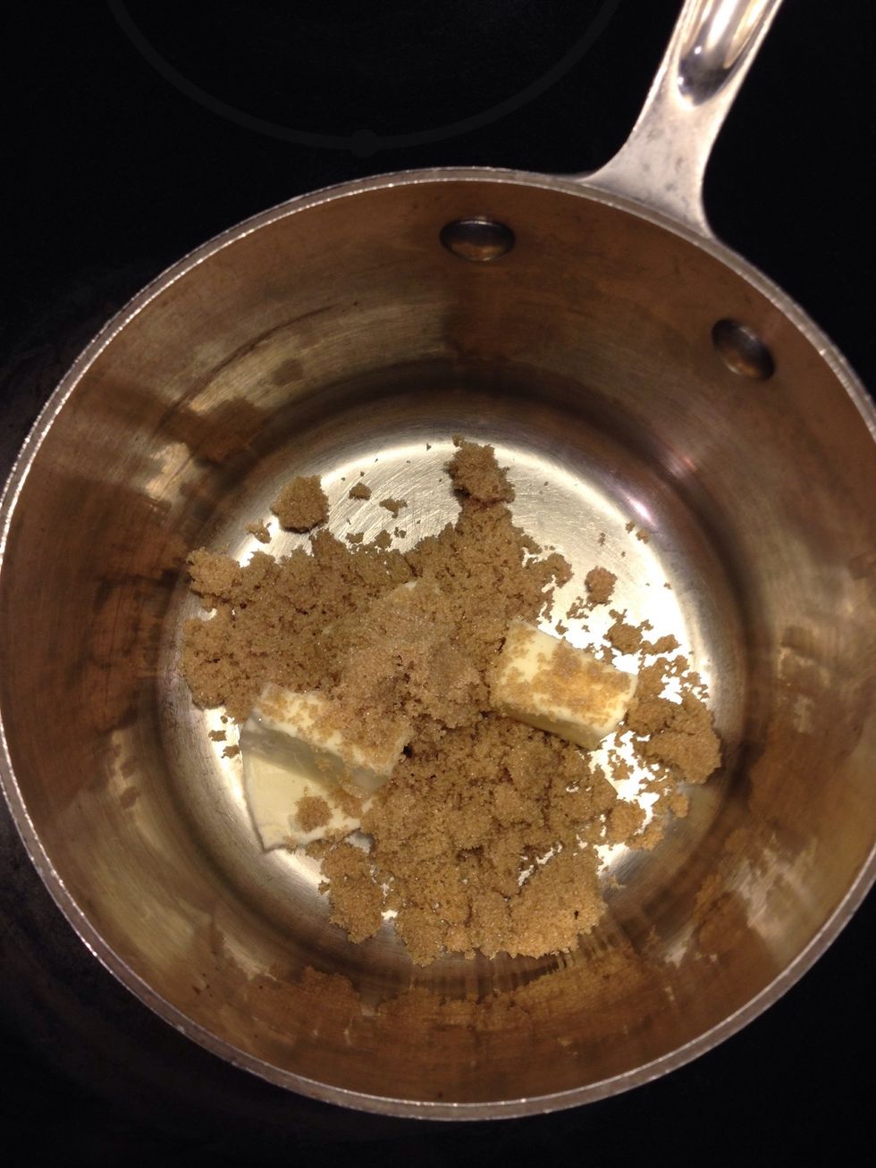 Start the caramel drizzle while in oven: 6 TB butter and 6 TB brown sugar. Let this come to a boil