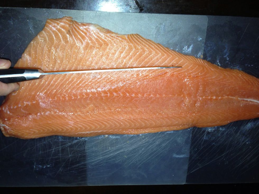 Start the night before your meal by slicing off the thin side and end of your salmon. The pieces will still be used. Please be very clean and safe with this and all recipes!