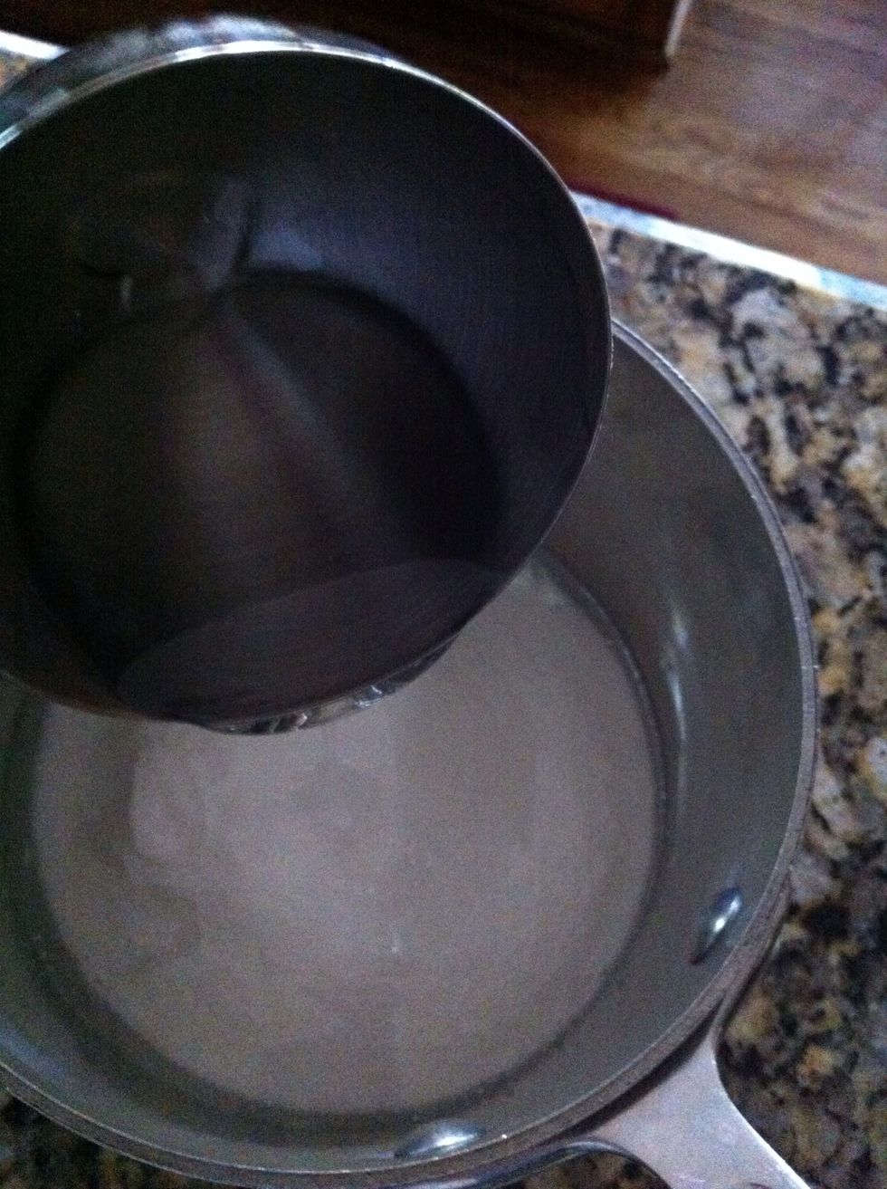 Start the pie filling: 1 c sugar, 1 cup light corn syrup