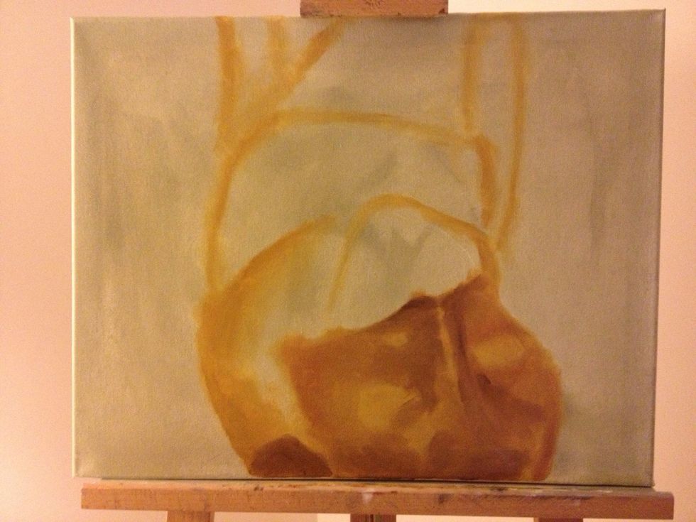 Start to block in simple color using a mixture of ochre and sienna. This will give you a mid tone to work with highlight and shadow.