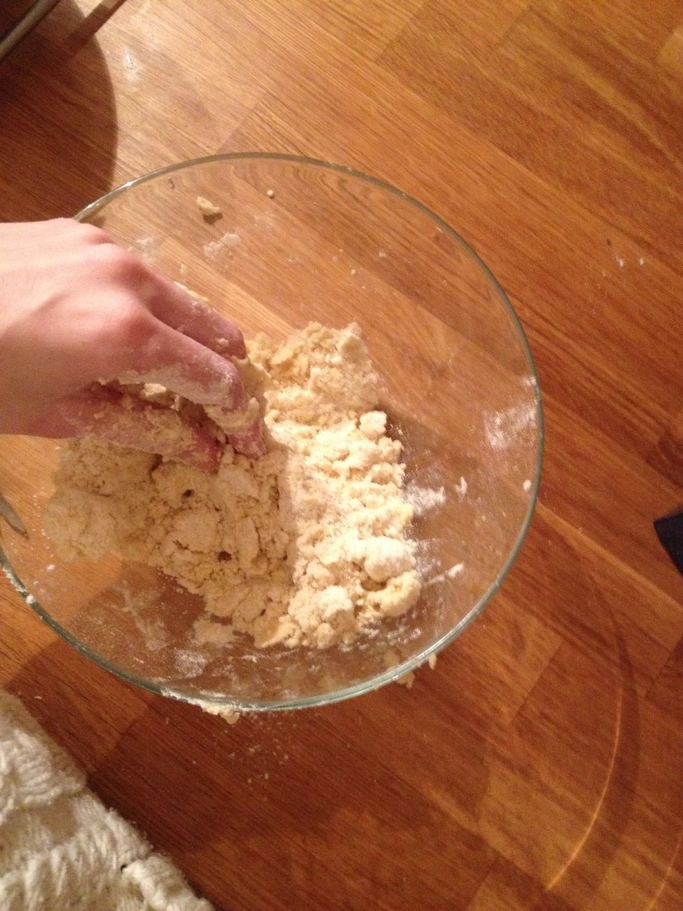 Start to knead together with your hands until you get a moist lump of dough. \ud83d\udca1 dont knead too much as the mixture can start to go dry and hard to roll