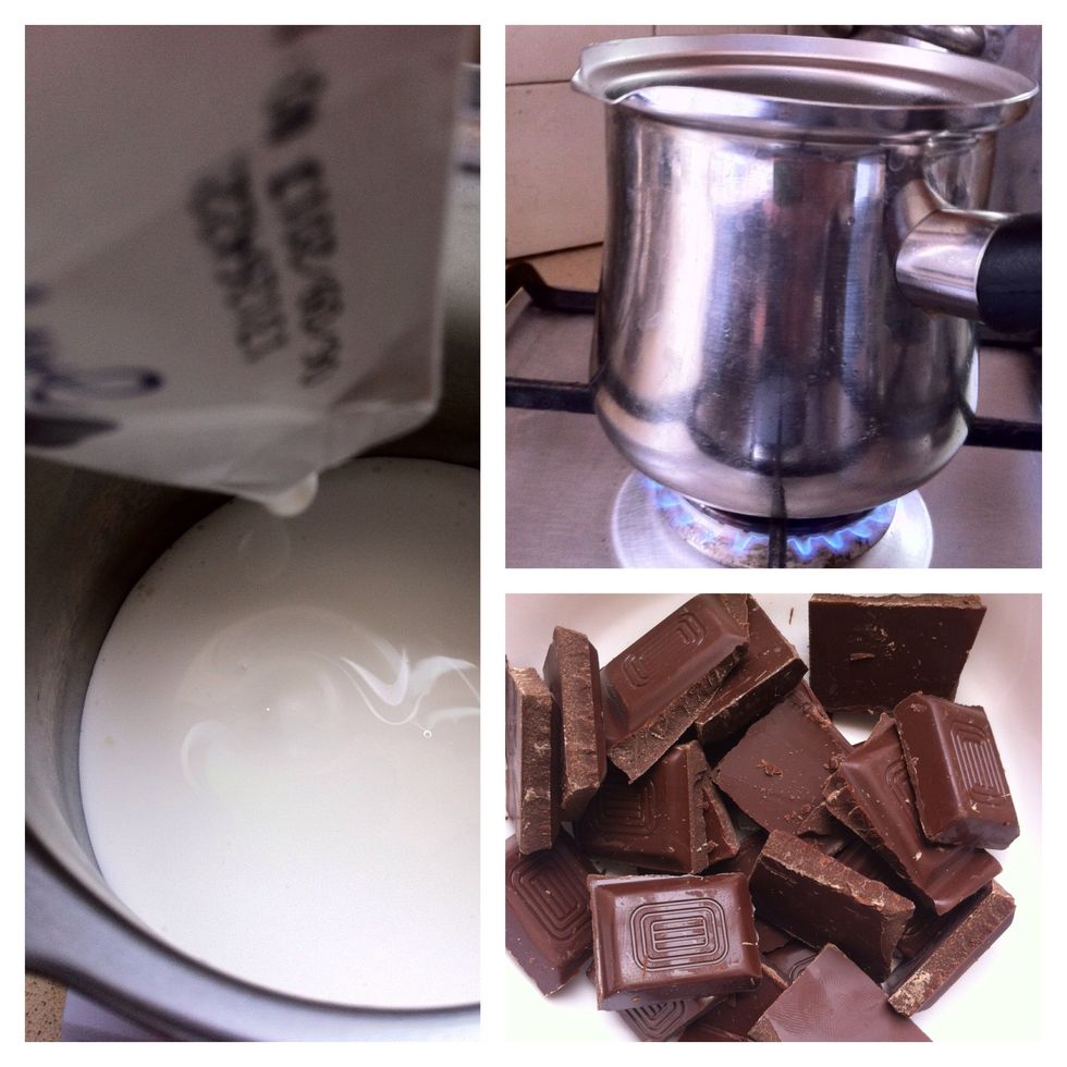 Start two sections: boil the heavy cream with coffee, then add it to the chocolate, and mix them up. Do the same with the white chocolate and the boiled cream at another bowl. Do not mix them both!!!
