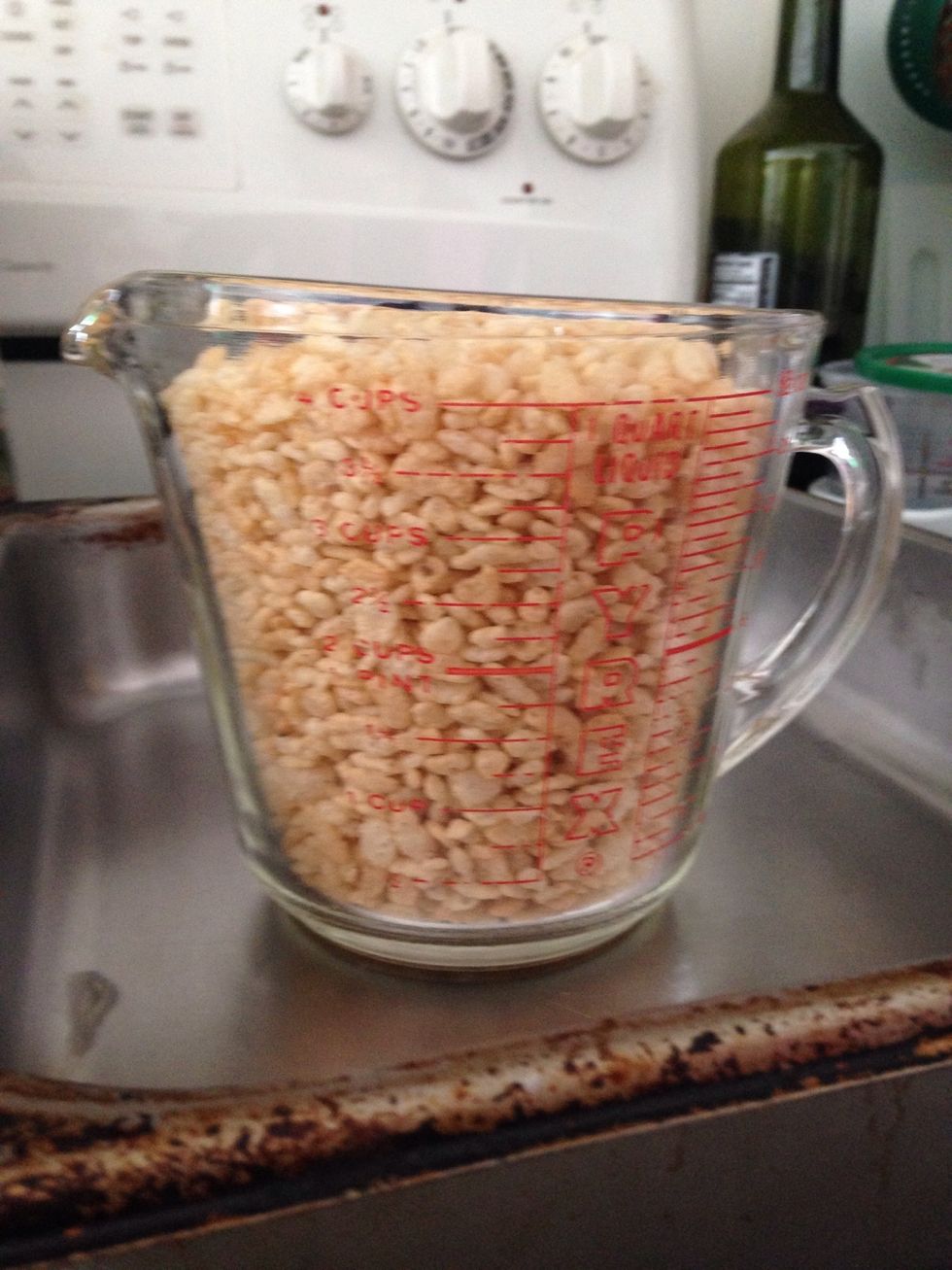 Start with 12 cups of Rice Krispies ( we doubled the recipe so it's really 6 cups)