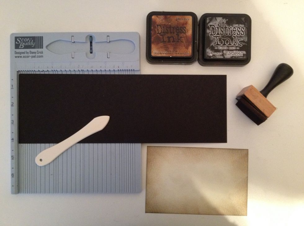 Start with 12 x 4 black cardstock and score at 6 Cream cardstock 5 3/4 x 3 3/4 and distress with black soot and vintage photo.