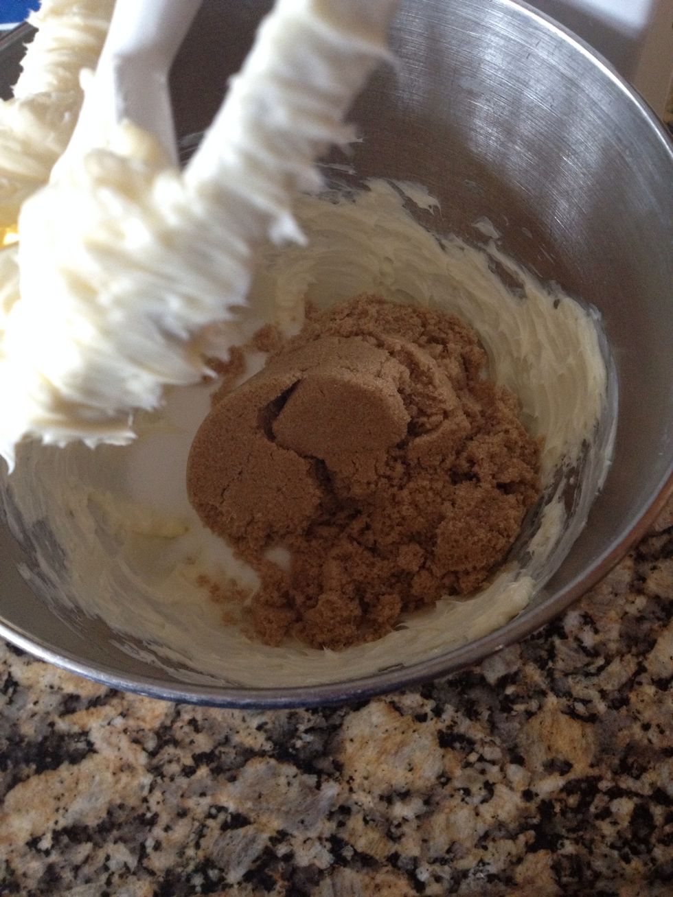 Start with 2 sticks softened butter. And cream in 1 cup each: white sugar and brown sugar