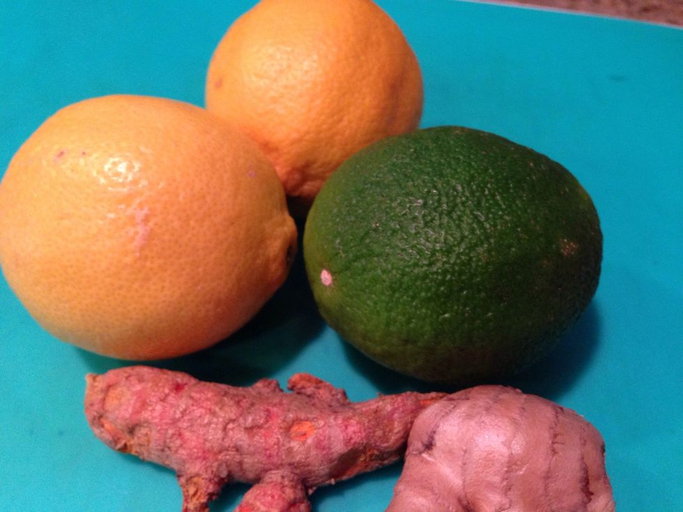 Start with 3 lemons, 1 lime, a knob of Tumeric & Ginger Root.