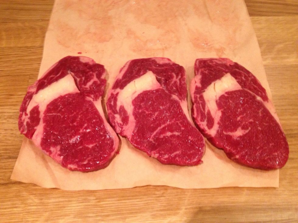 Start with 4 relatively small steaks. These are about 5oz each. Try to get good quality steak, preferably grass fed. These were from my local butcher and are rib eye