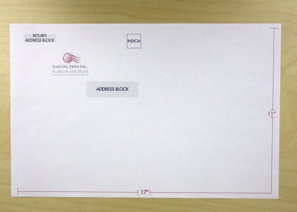 Start with a 11\u201d X 17\u201d sheet of paper. Your address block, return address block, indicia or stamp must be in the top left-hand quadrant of the page