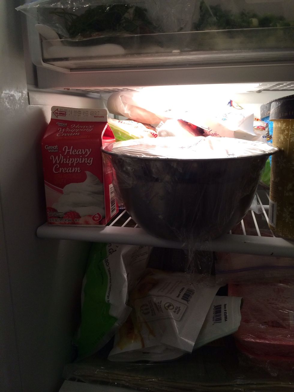 Start with a chilled bowl and heavy whipped cream.