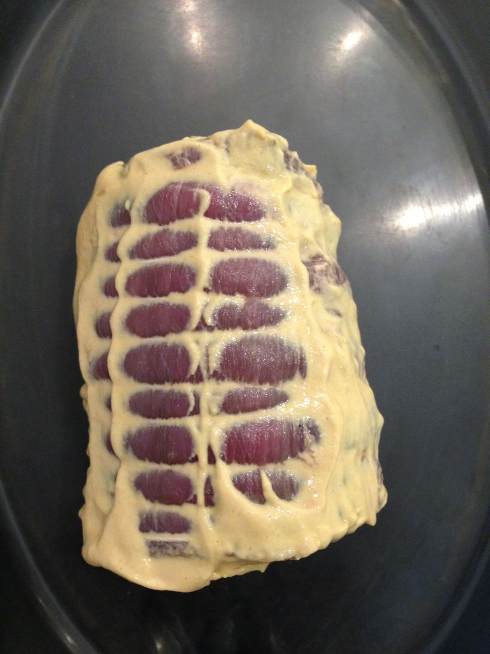 Start with a first quality fillet....well tied with a twine but without fat. Ask your butcher to prepare it. Cover with mustard. Leave at room temp 20-30 mins. .