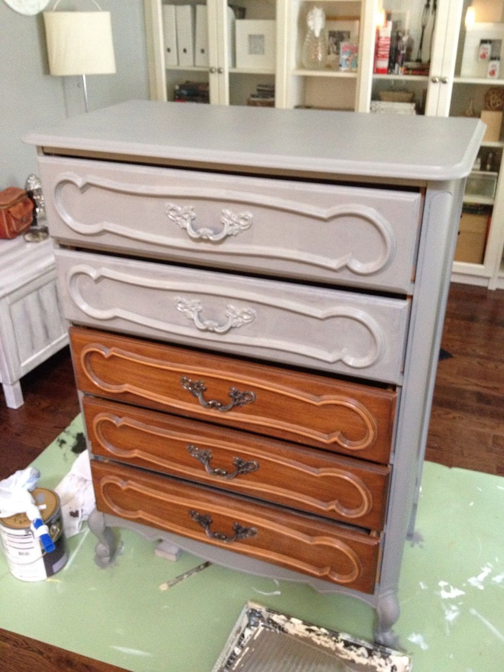 Start with a light coat of latex paint using a sponge roller brush and sponge brushes, I also have a small art brush to get in those nooks that a sponge won't get.