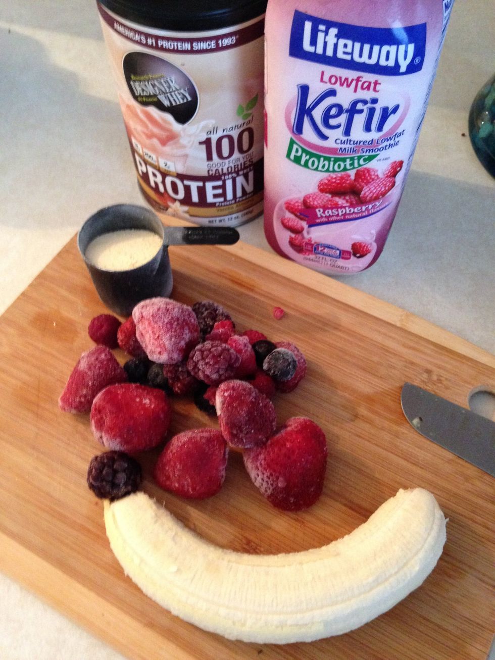 Start with a peeled, soft banana, a protein powder, and a handful or two of fresh or frozen mixed berries. Kefir is used for its creamy consistency, as well as for its gut-loving bacteria!