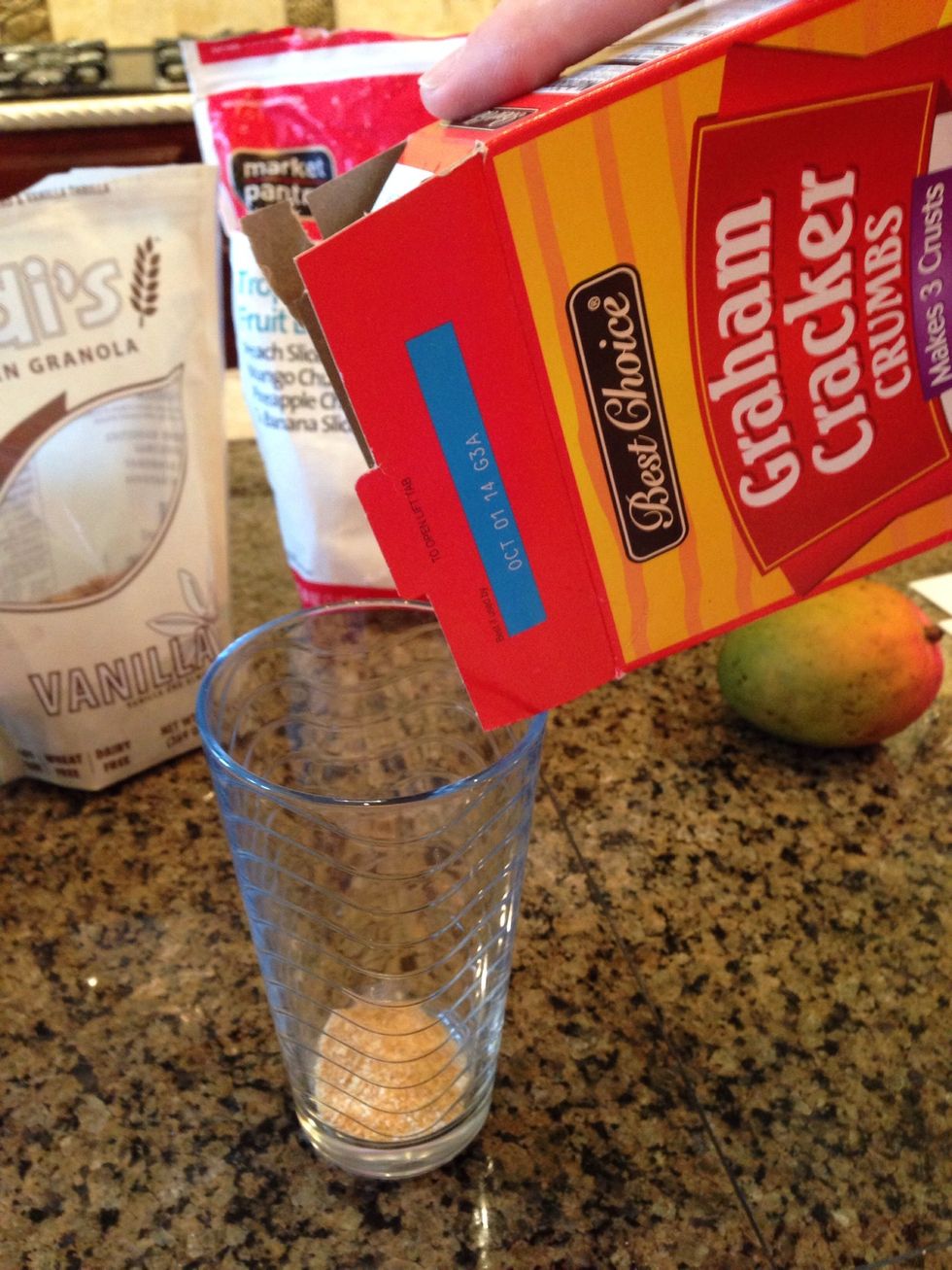 Start with approximately 1/8th layer of Graham Cracker Crumbs. Same stuff used for pies crust. You cant go wrong here.  There are no specific rules for the Perfect Parfait.