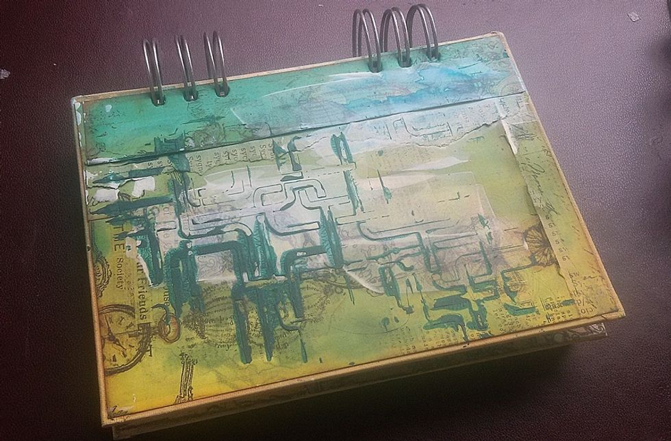 Start with Art journal base.I choose one of one prepared previously. I created it a few weeks ago. I used Peacock Feather and Glorious,some paper scraps, gesso, AA Stencil Pipe Dream and Lagoon Velvet