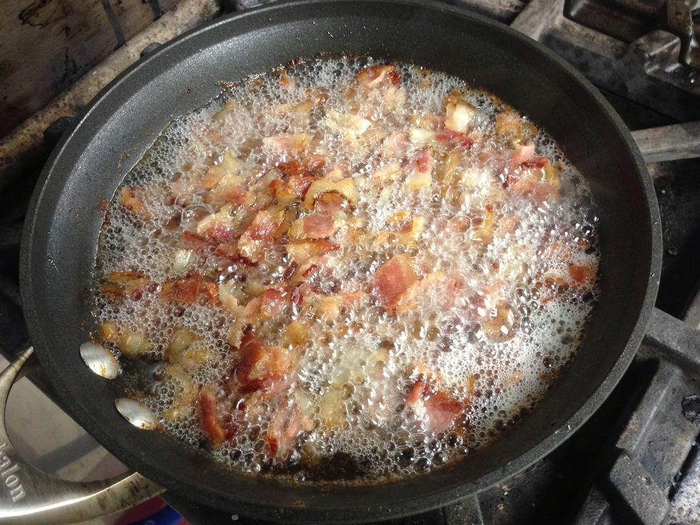 Start with bacon!! Cut into small pieces and render fat. Set bacon bits aside for later and reserve fat