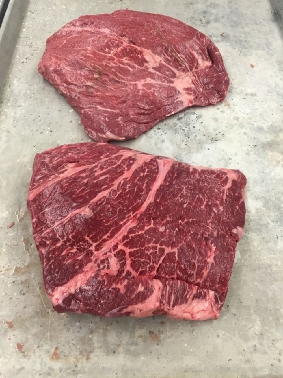 Start with beef chuck roll roast that have been trimmed.  (3-5# each)