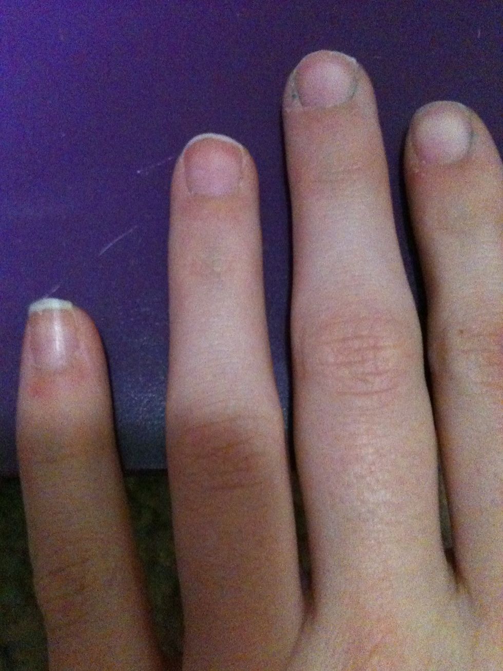 Start with clean nails, you may need nail polish remover& a cotton ball.   (mine are slightly stained from dying my hair)