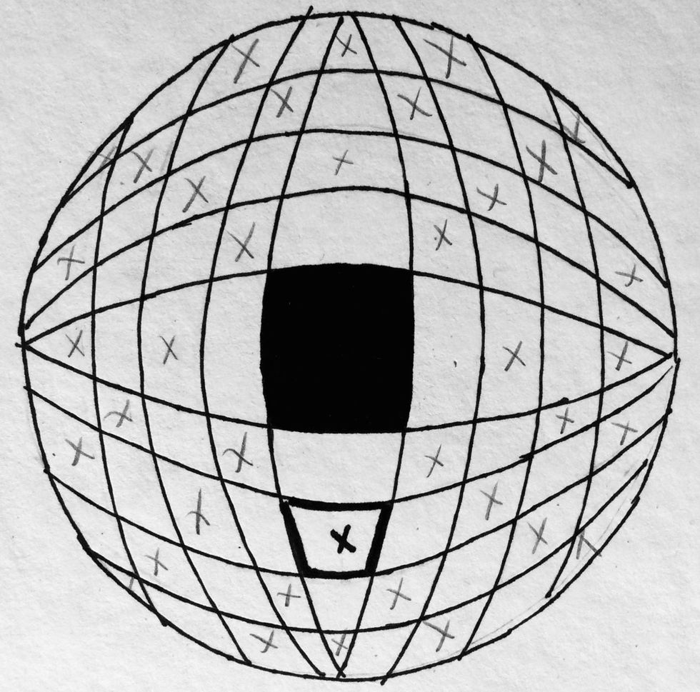 Start with coloring the center box black. Every other space will be colored in with black Sharpie. With pencil, put an "X" marks to show where to color the black.