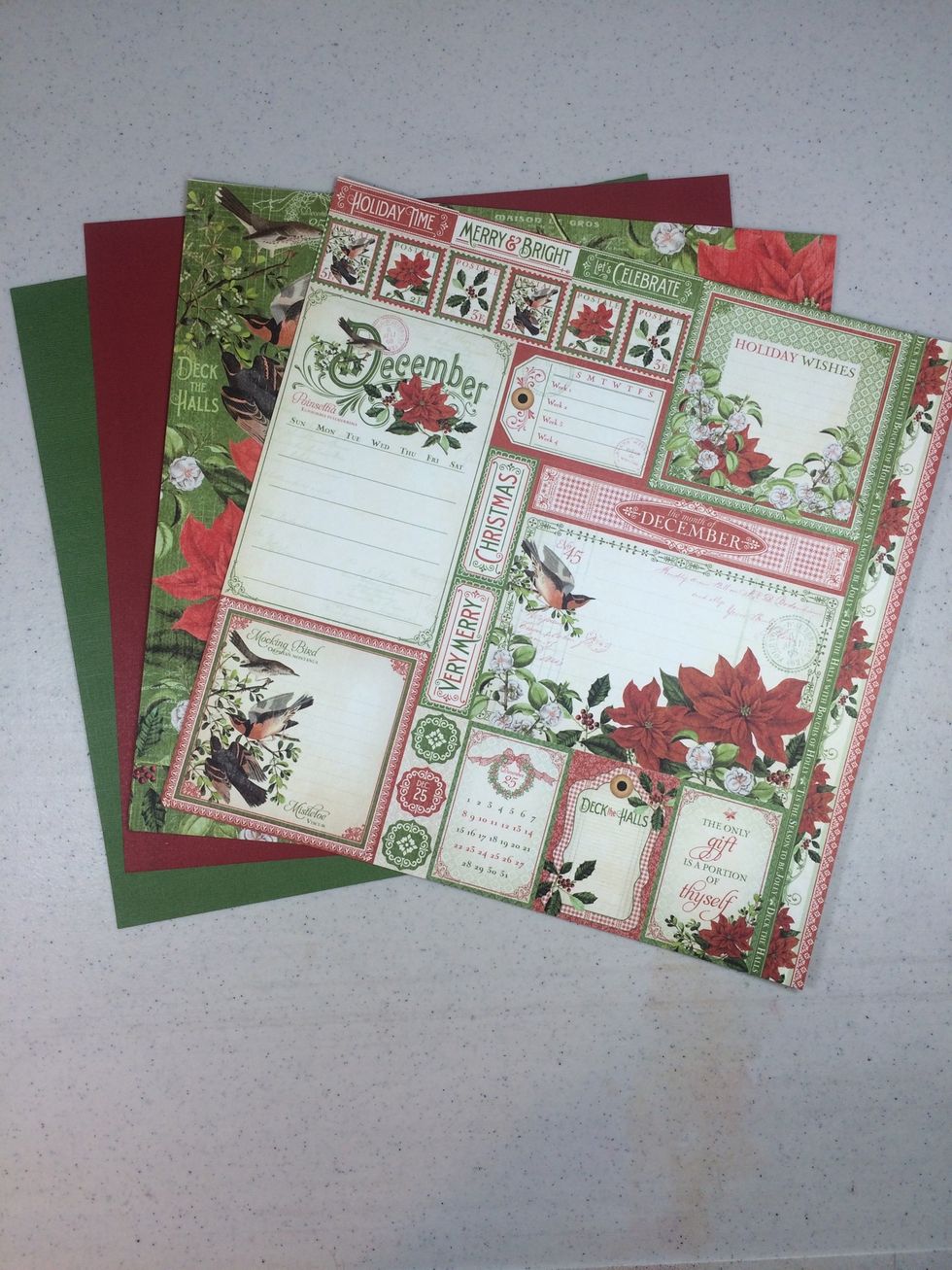 Start with Graphic 45's 12" x 12" Time To Flourish December Flourish page and December Cut-Aparts page, plus one sheet each of Triumphant Red and Antique Moss cardstock by Core'dinations.