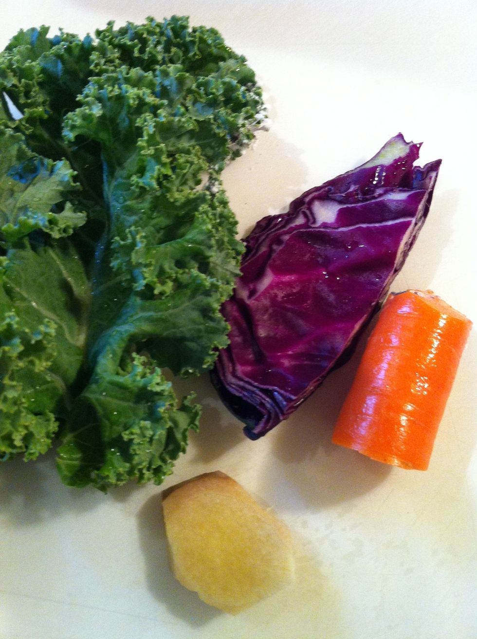 Start with organic Kale stalk, one carrot, slice of fresh ginger, chunk of cabbage.