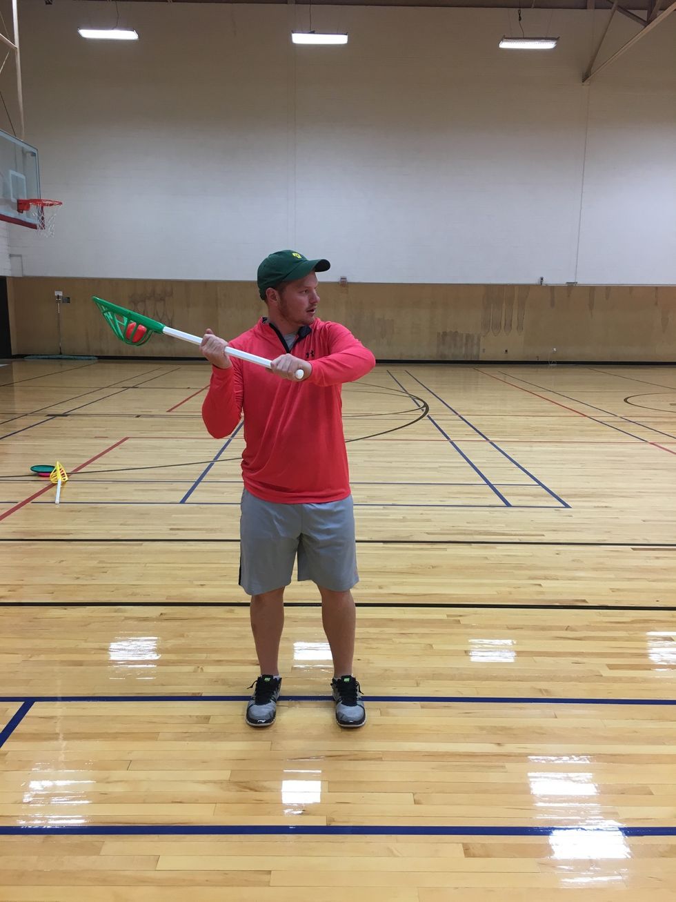 Start with shoulders pointing to the target. Two hands on stick dominant hand on top about six inches from the head