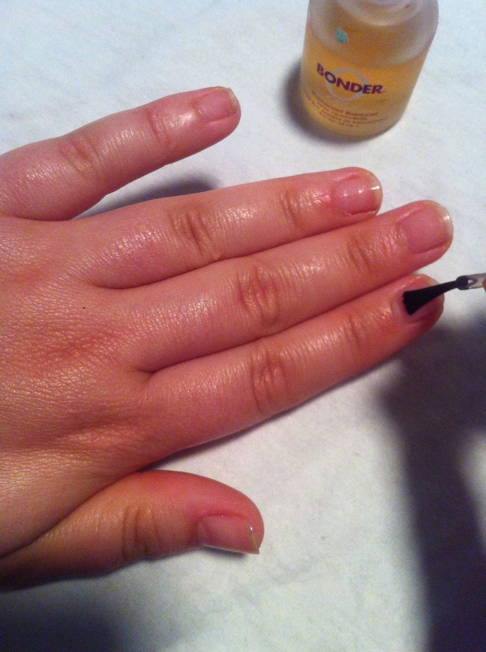 Start with the basecoat-- the basecoat really does help this manicure last. I use Orly's Bonder Basecoat and love it! You can haphazardly slap it it on, too.