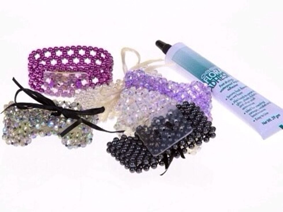 Start with the basics. Oasis floral adhesive, or cold glue and some type of corsage bracelet. We chose to use these beaded ones from Fitz Designs.