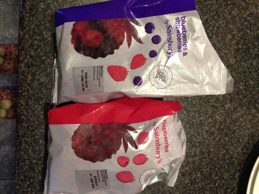 Start with the frozen fruit of your choice - berries are great but mango and banana works just as well!