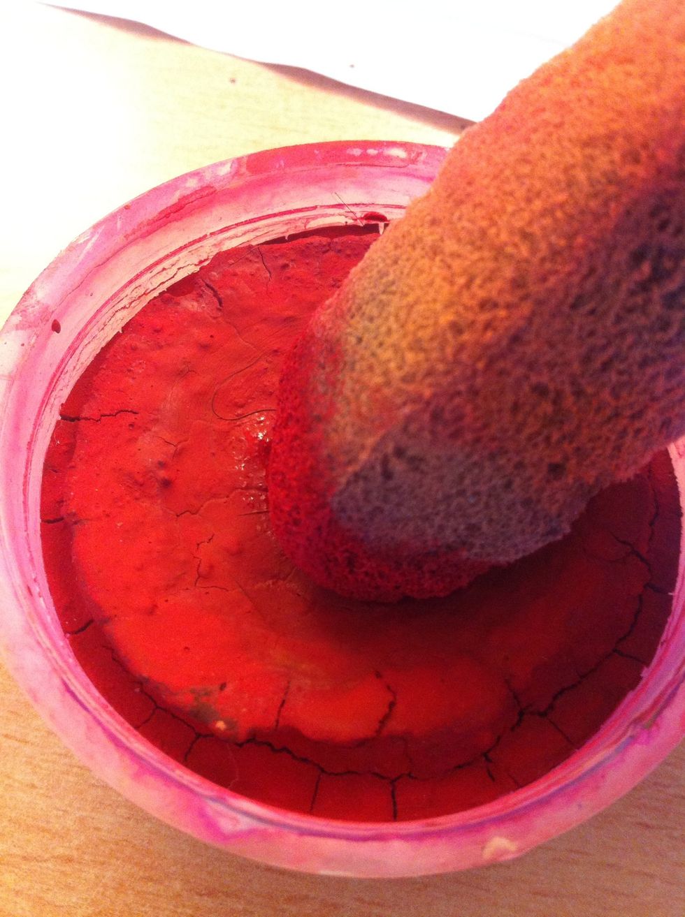 Start with the red. Dont soak your sponge in water, but you dont want it dry, the paint Will stick to the paper, not flow away