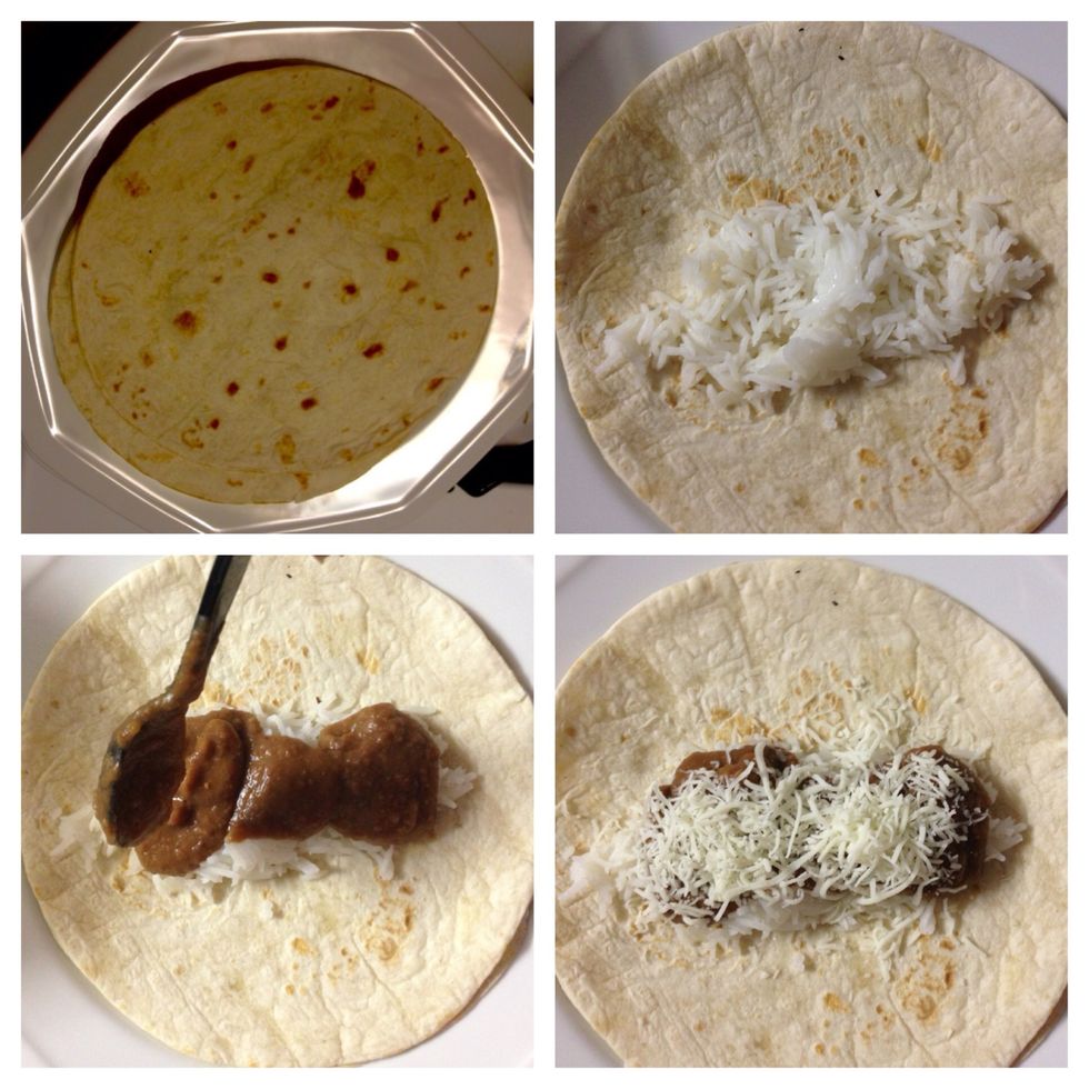 Start with tortilla.. Layer rice, beans, cheese.....
