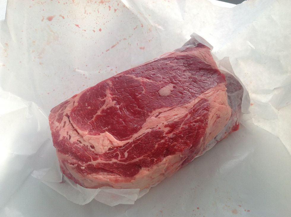Start with two 1 1/4 - 1 1/2"-thick boneless ribeye steaks. Hint: go to a butcher, not a grocery store, and get them to cut your steaks the thickness you want.