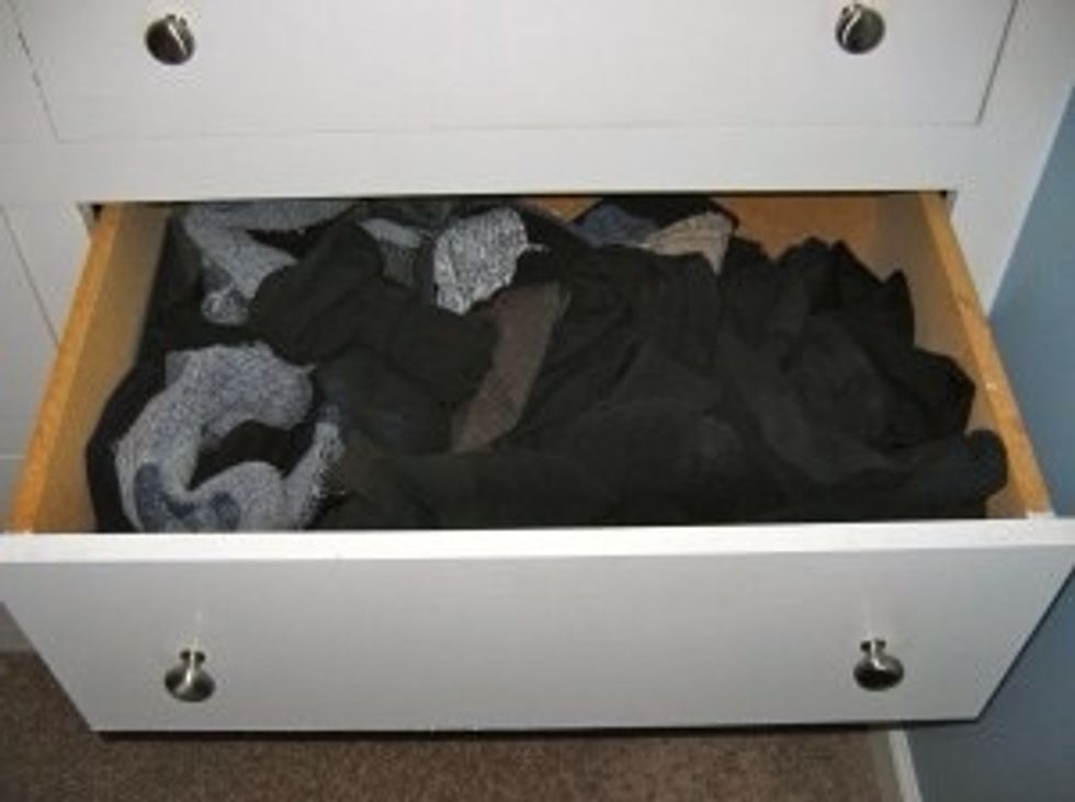 Start with your messy sock drawer. Take all of the socks out. Keep those that have matches, no holes & fit well.  Throw out the rest.