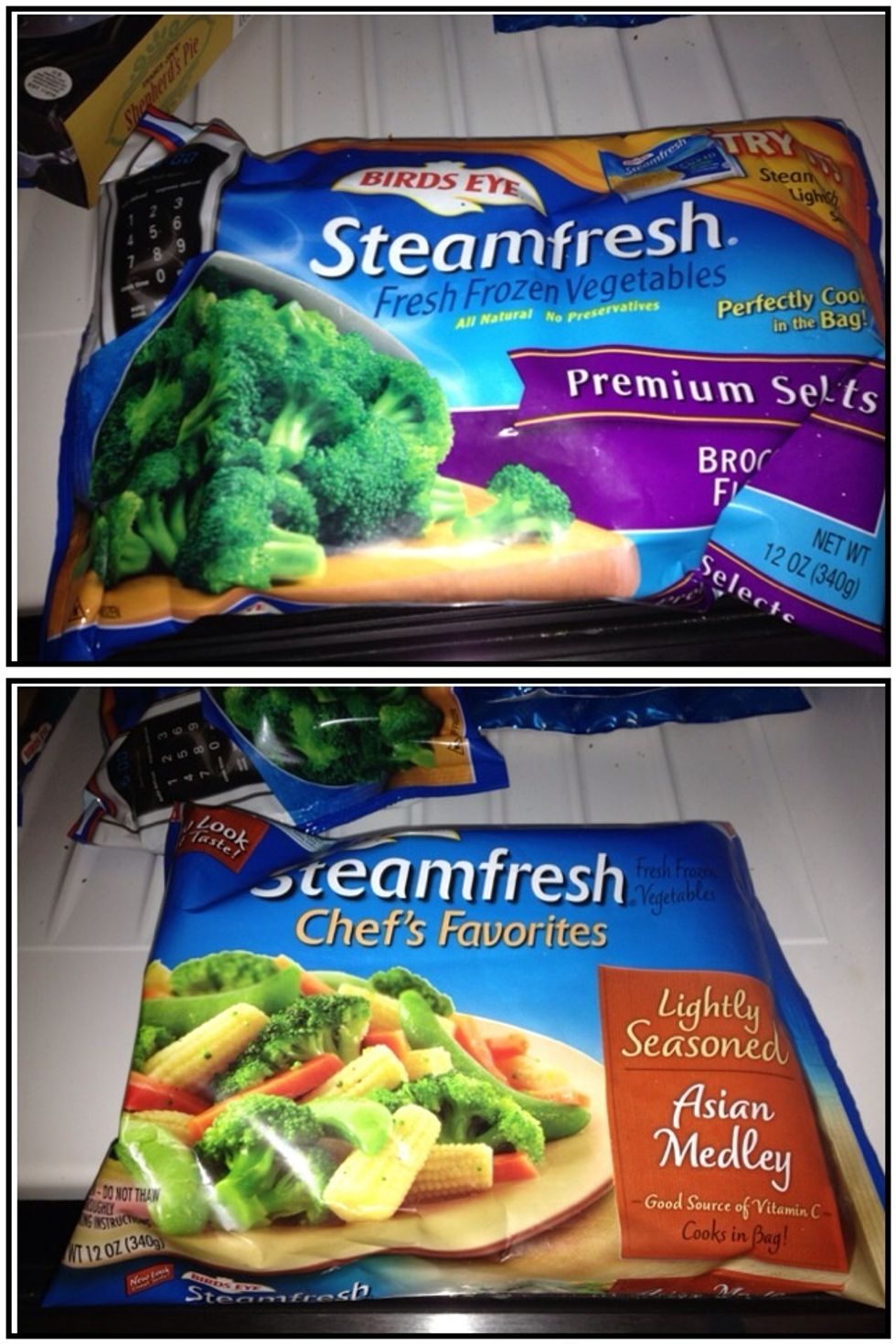 Start zapping your veggies. I usually just do one bag at a time and add the veggies as they are ready. You can used any combination of veggies, these are just the ones we like.