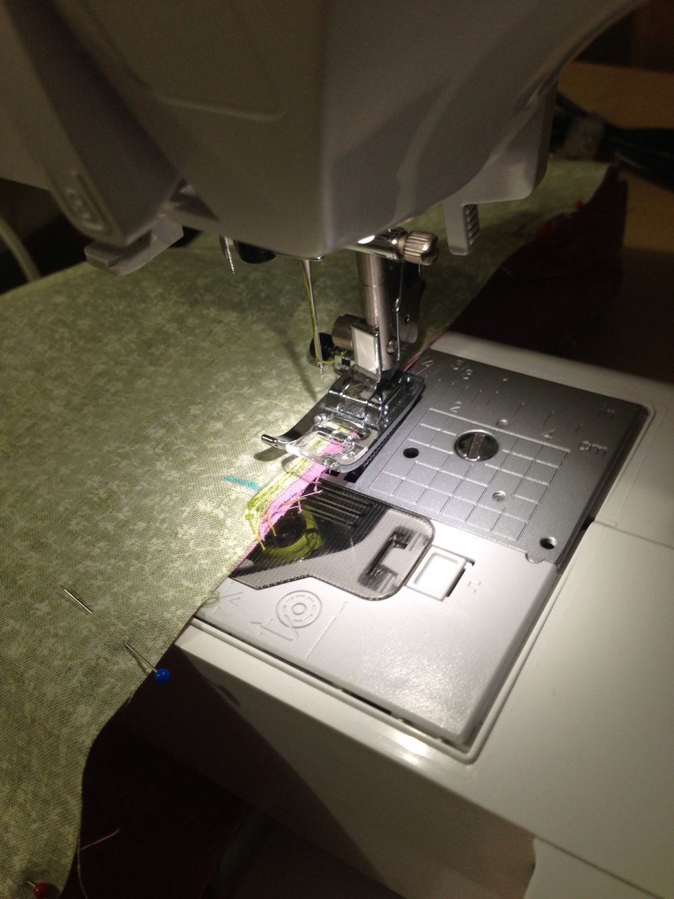 Starting at one marking sew narrow seam around top of bag stopping when you reach your other mark. I usually leave a 3 in gap. Remember to backstitch when you start & stop.