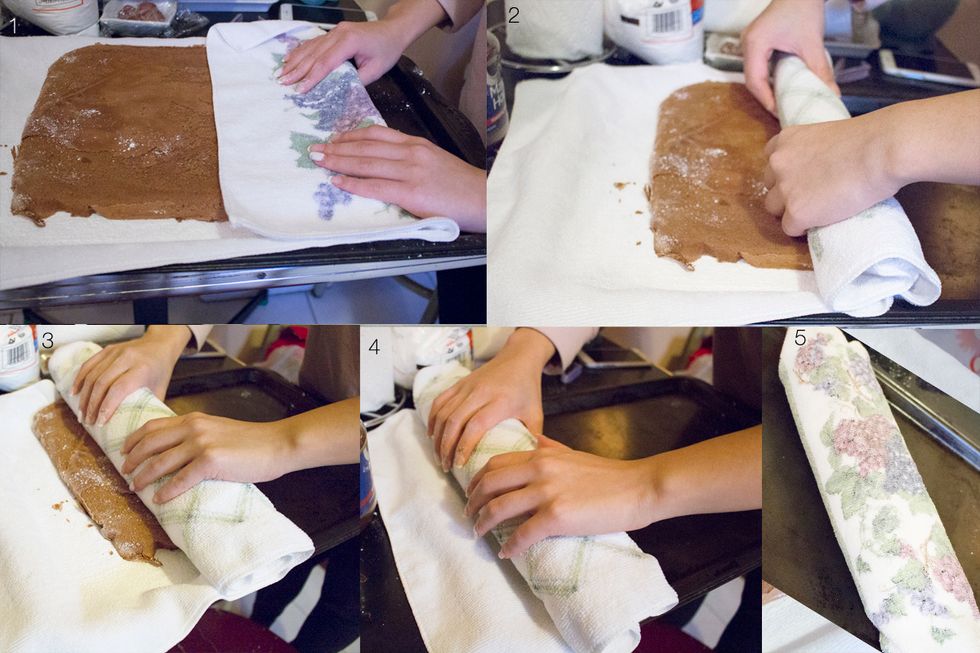 Starting at the shorter width, roll your yule leg with cloth overtop. Set aside.