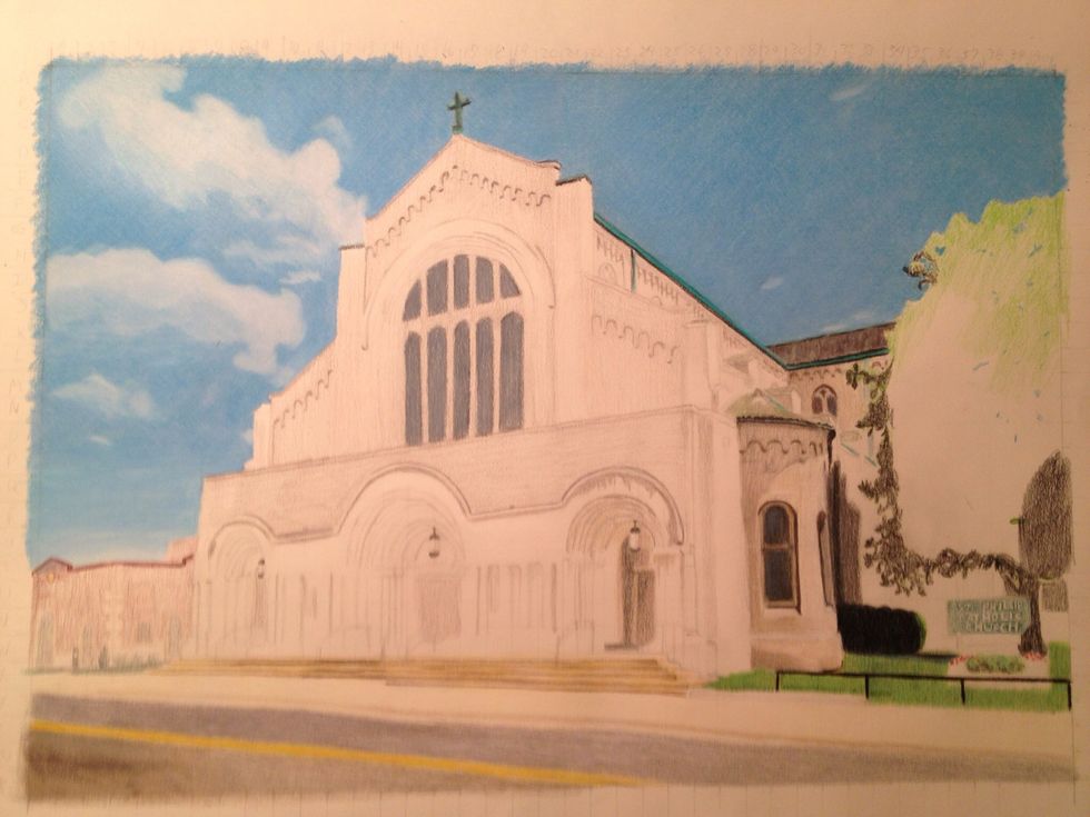 Starting lightly on the first door and building blocking in color of the tree start with your lights first and build up the dark tones for texture