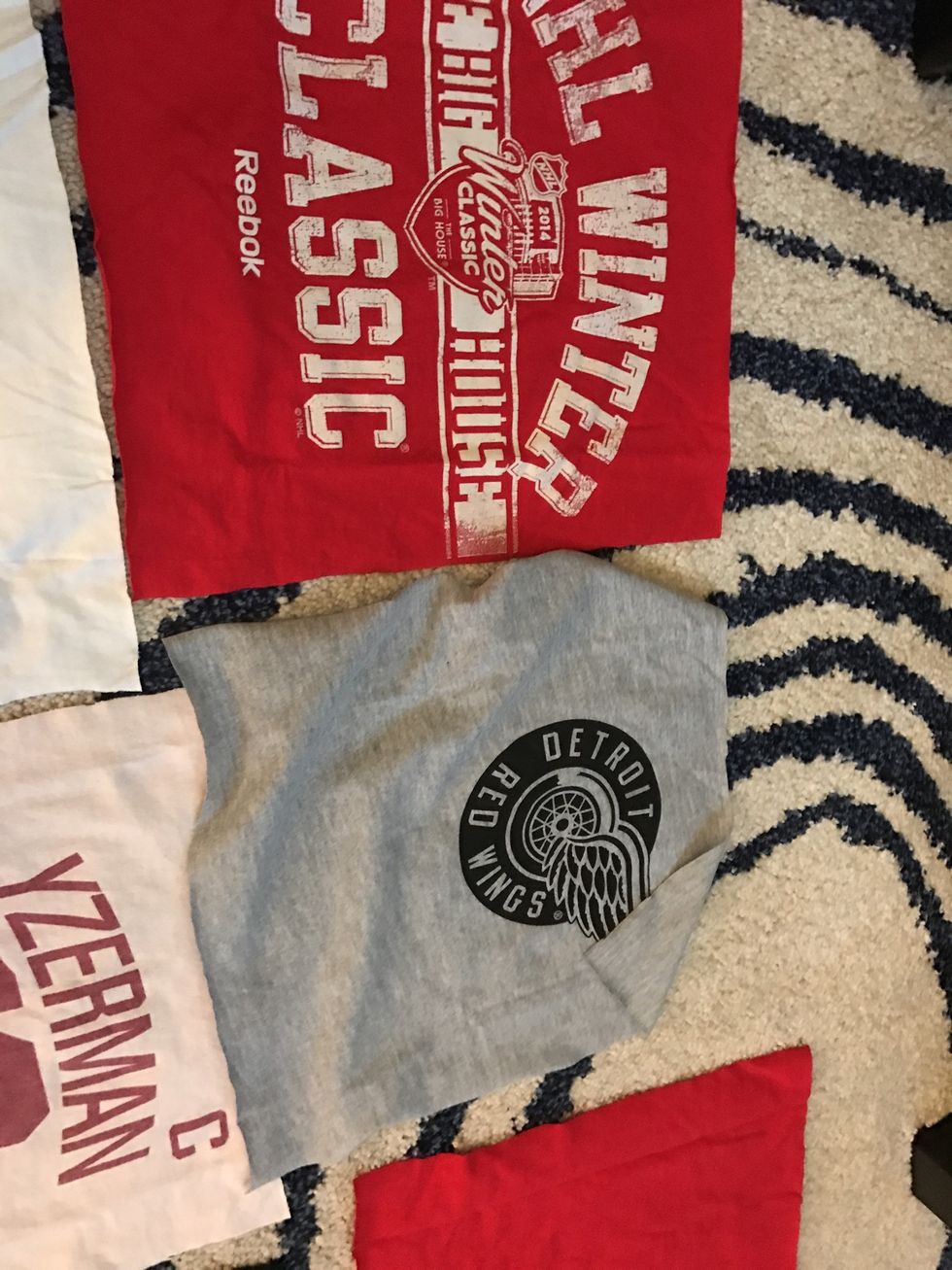 Starting with the top row, flip the left square onto the middle square so that the right sides are together.