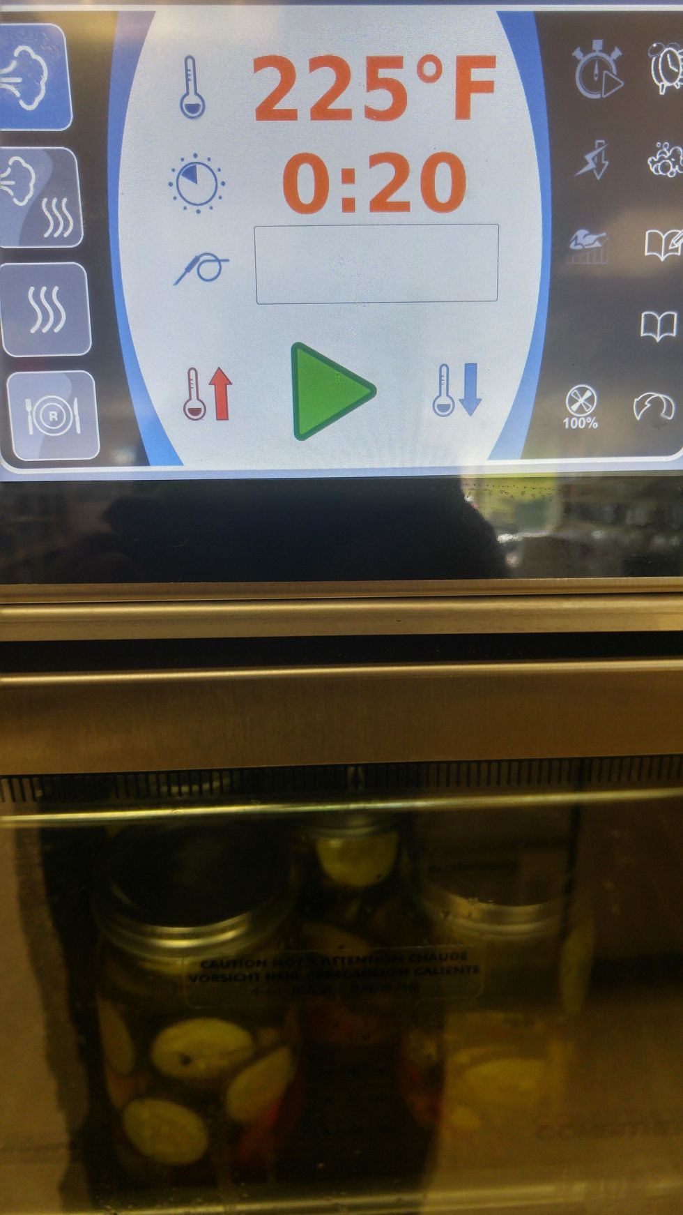 Steam at 225F for 20 minutes. When finished open the door and allow to cool. When all the lids have popped down, tighten the ring and store up to a year. Best when refrigerated before eating.