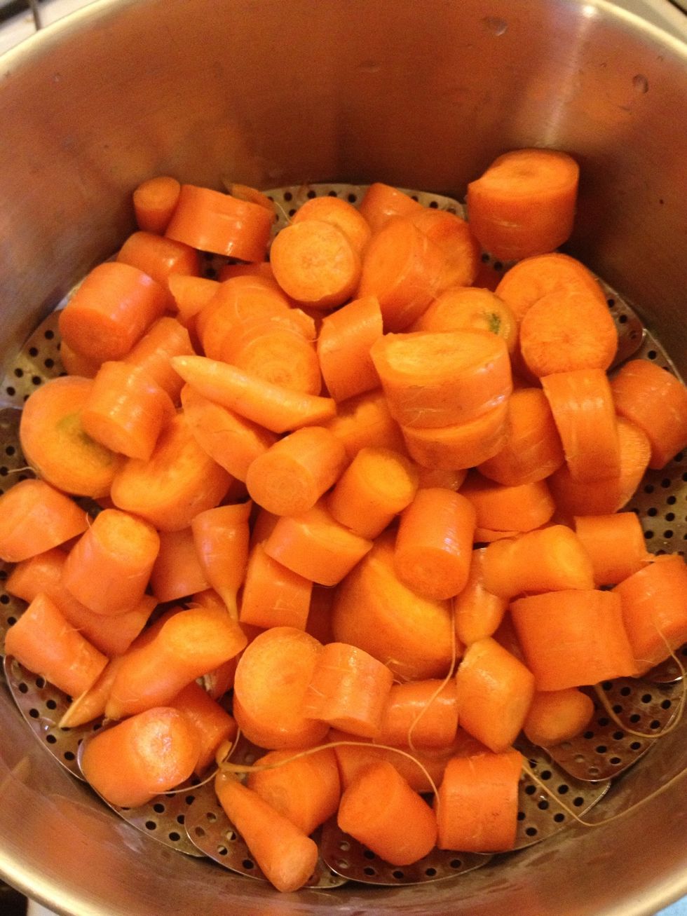 Steam cut carrots in a large pot with a metal steamer and filtered water.