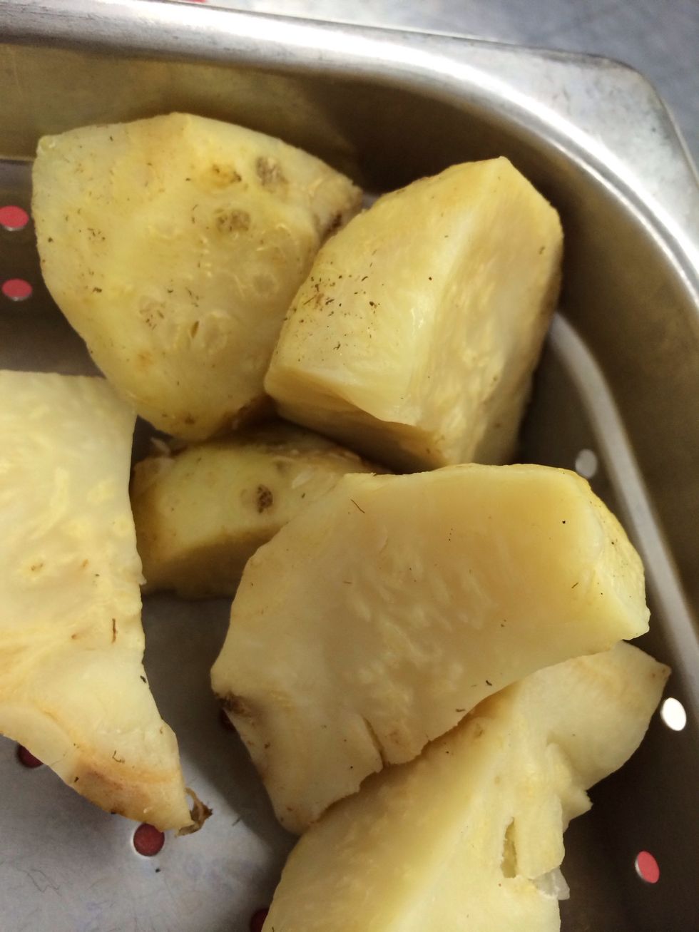 Steam peeled celery root at the same time if using.