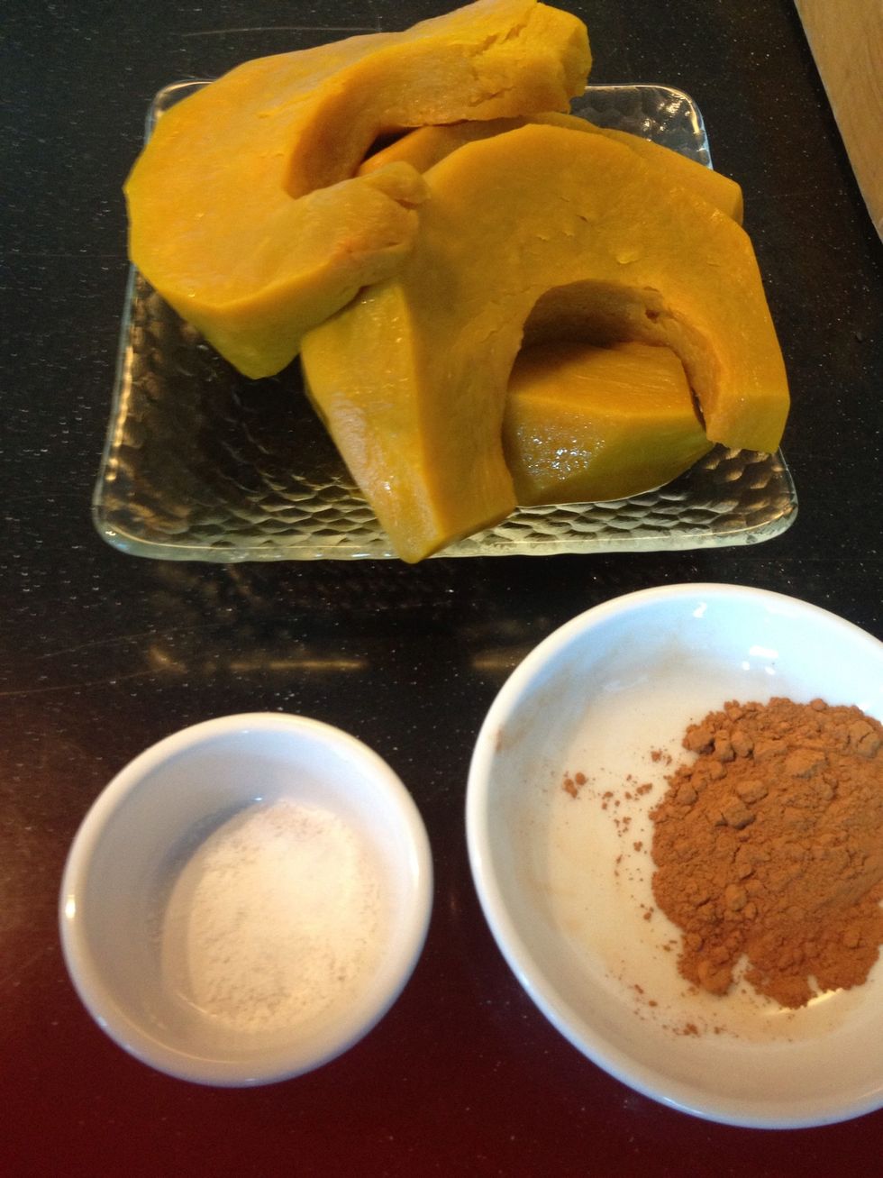 Steam the pumpkin until very soft, use hand blender to make pumpkin puree, or u can push it thru sieves. Add cinnamon, a pinch of salt and a splash of cream.