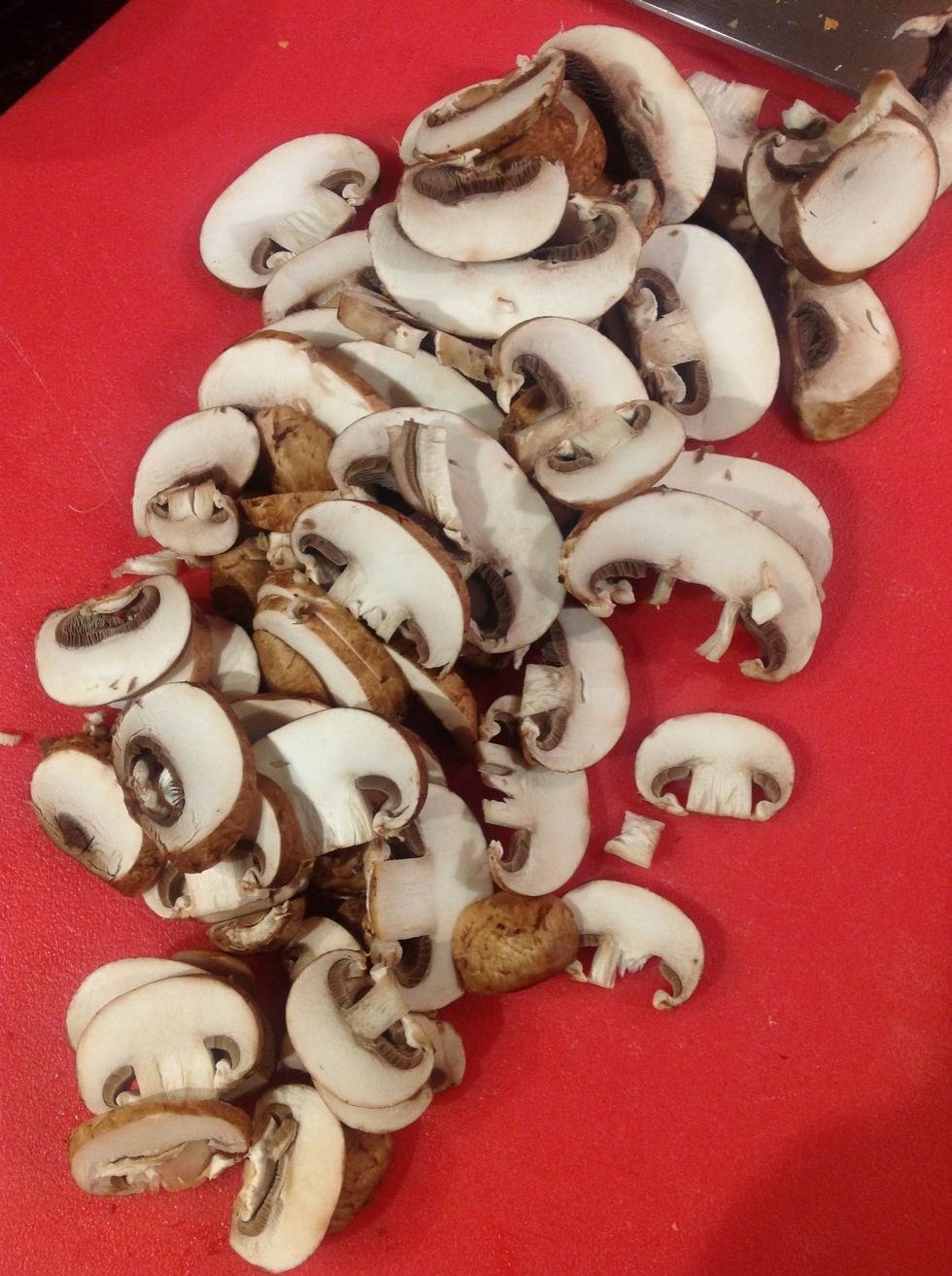 Stem and slice mushrooms add butter to pot and saut\u00e9 med-high heat until the begin to brown.