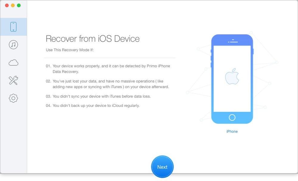 Step 1.Download and install Primo iPhone Data Recovery to your computer before start. Run it on your computer > connect your iPhone 8/X > Choose Recover from iOS Device > Click Next to continue.