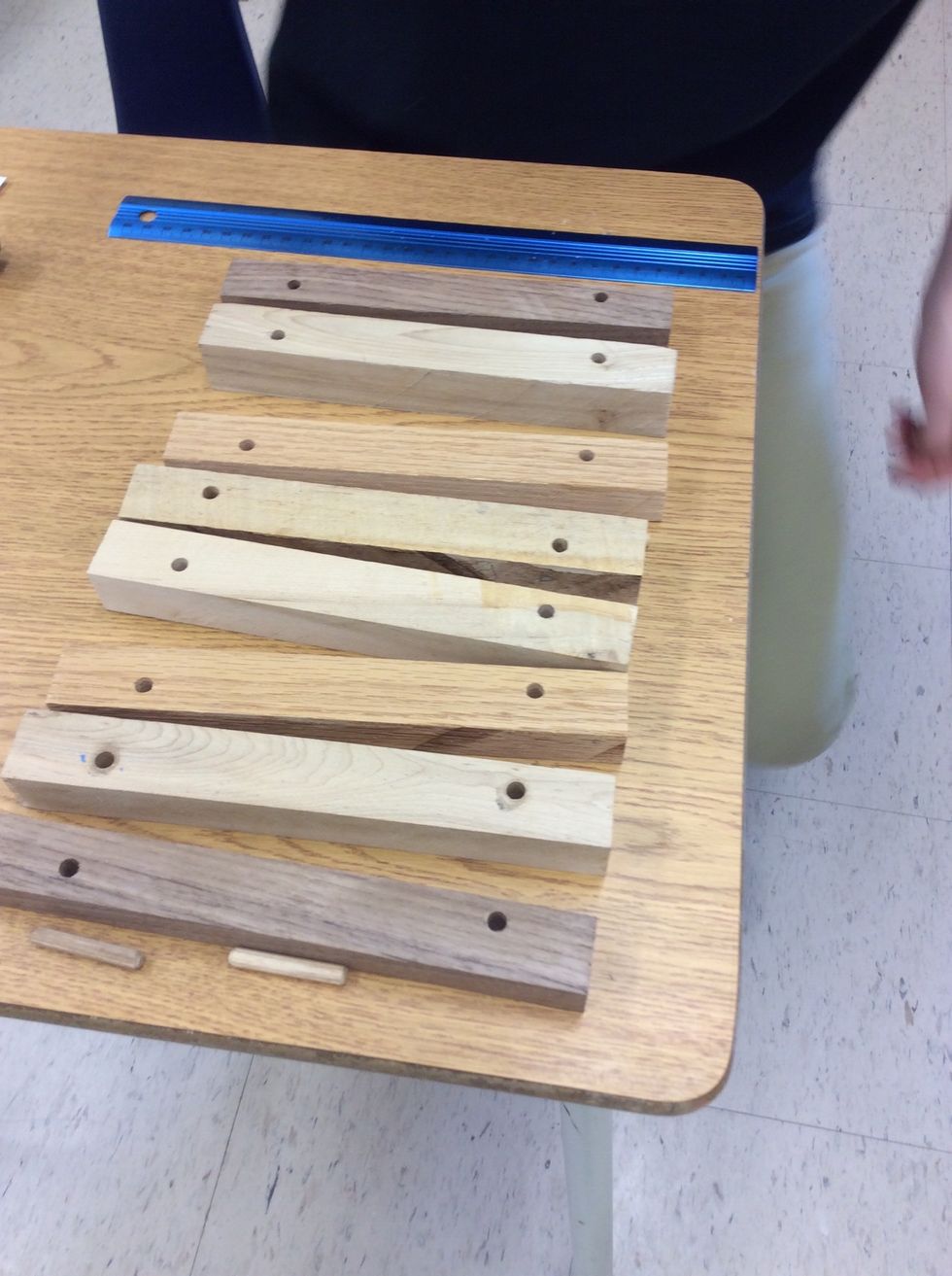 Step 1 measure all pieces of wood to make sure they are all the same add the dowels to put it together to see how it looks then take it apart again.