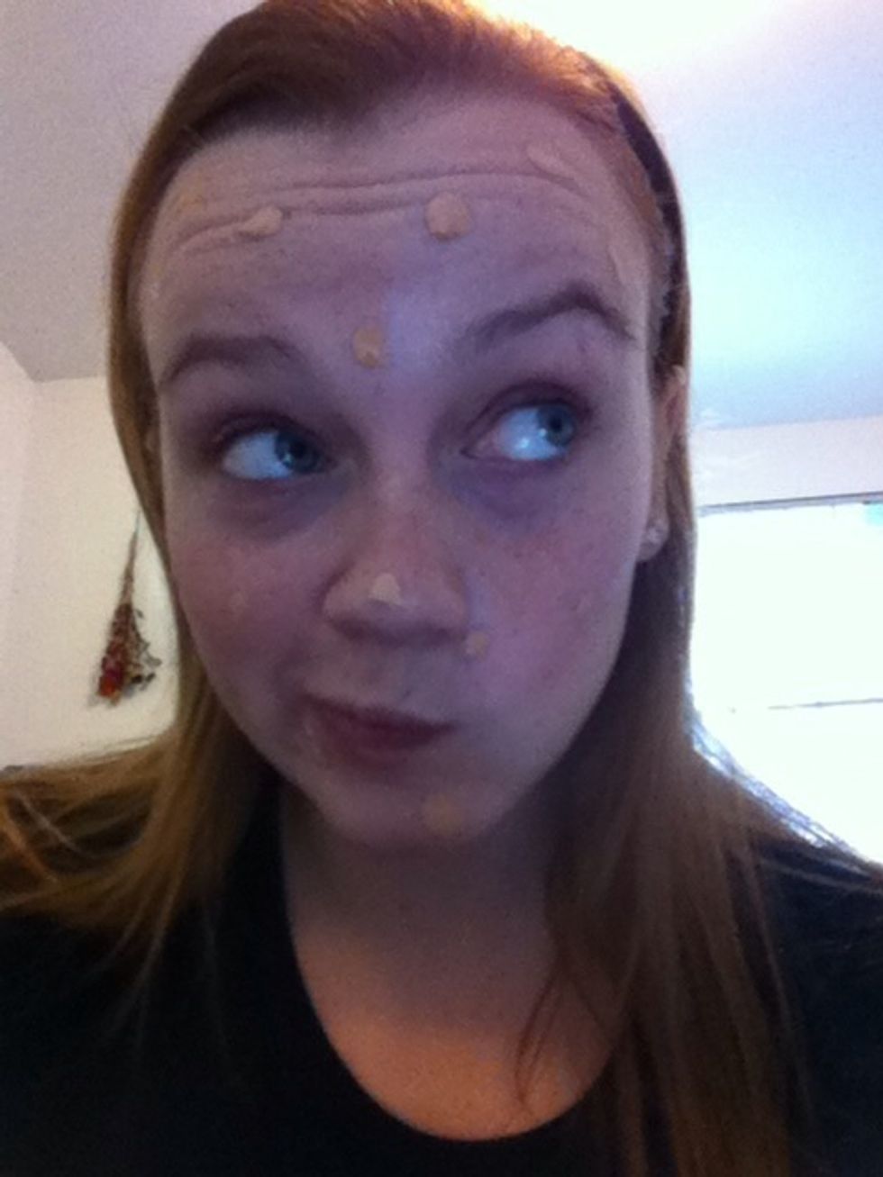 Step 1 of the makeup process: Apply foundation. I don't normally use this stuff, but it helps the rest of my makeup to stick, so I might as well! Now to blend it all!