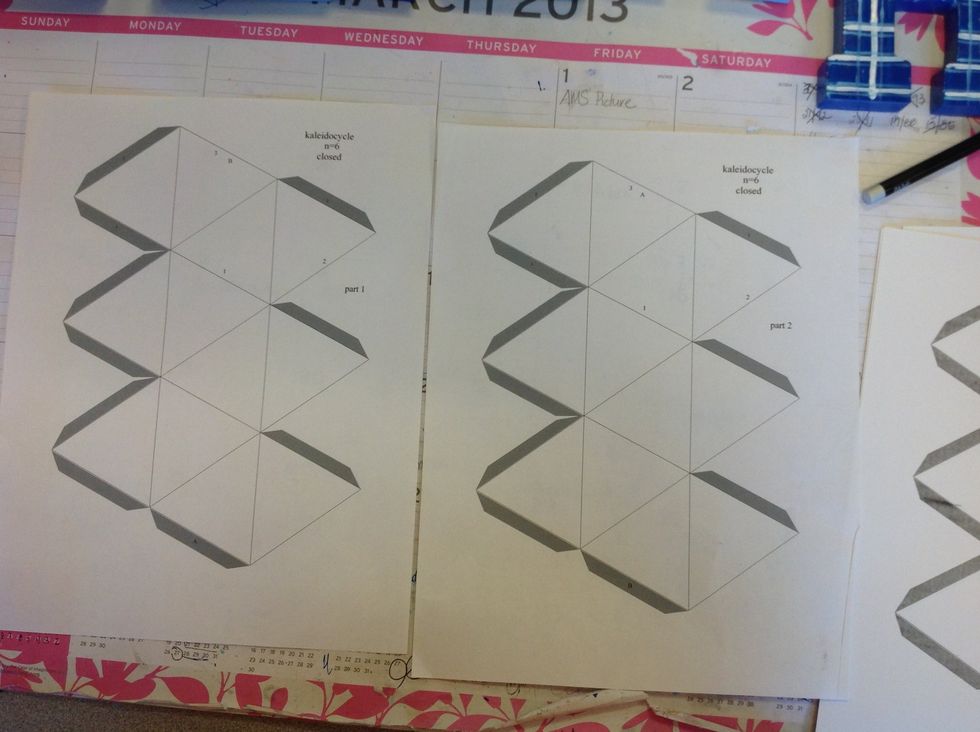 Step 1: print the kaleidocycle template onto white card stock. You need two copies: Part one and Part two.