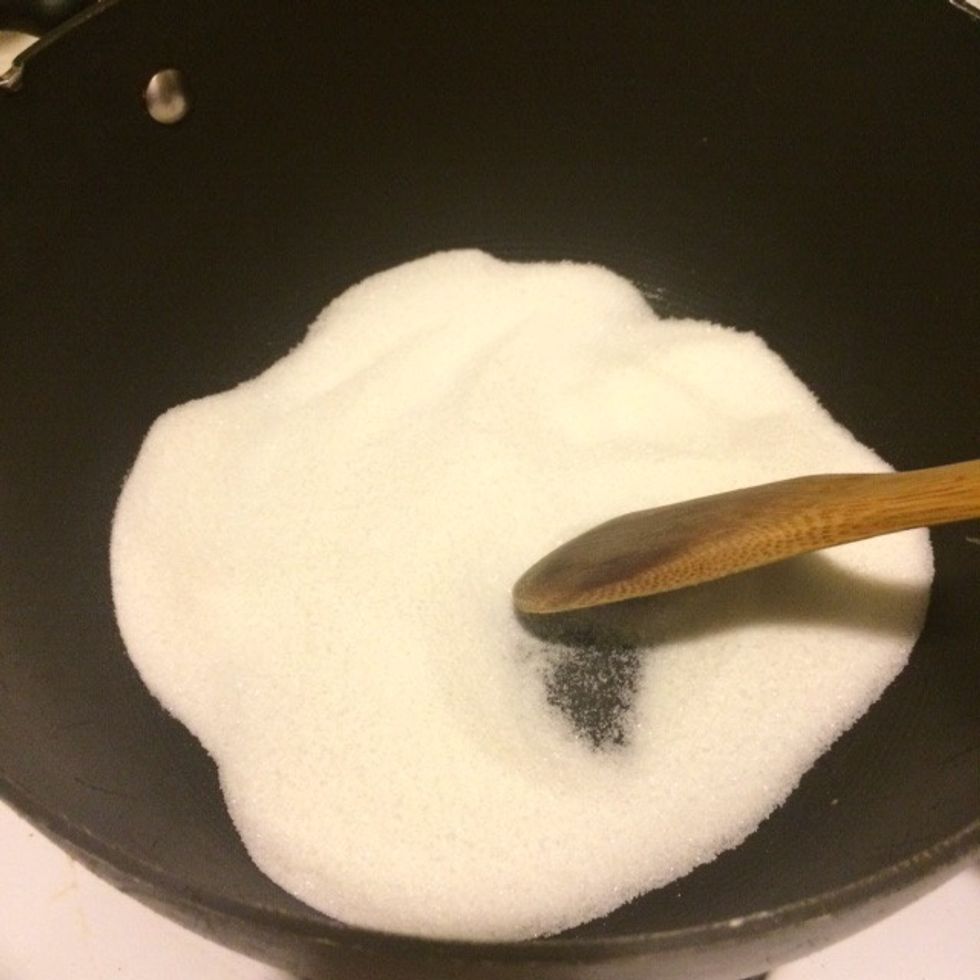 Step 1 \u2013 Caramel \u2013 about 5 minutes: Put the sugar into the cooking pot and over medium heat, stir it until it completely dissolves and turns light brown, but be careful not to burn it.